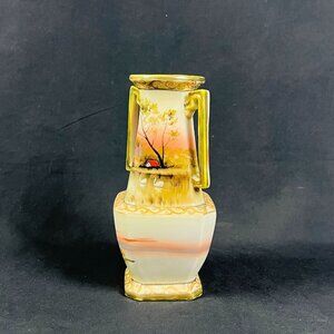 Hand-Painted Landscape Porcelain Vase Gold Accents Made In Japan
